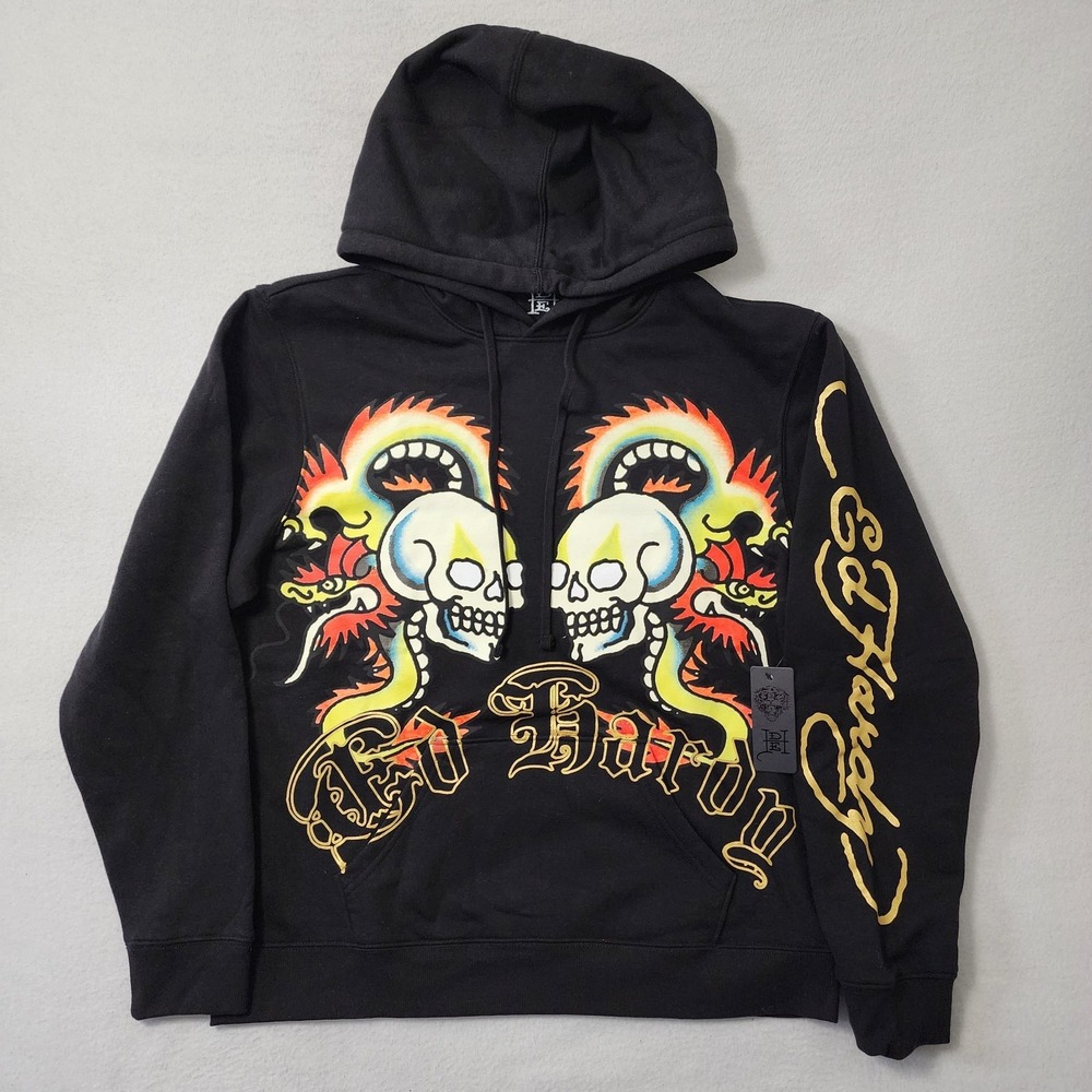 Ed Hardy Hoodie Men Large Black Y2k Tattoo Skull Dragon Jacket Spellout Pullover